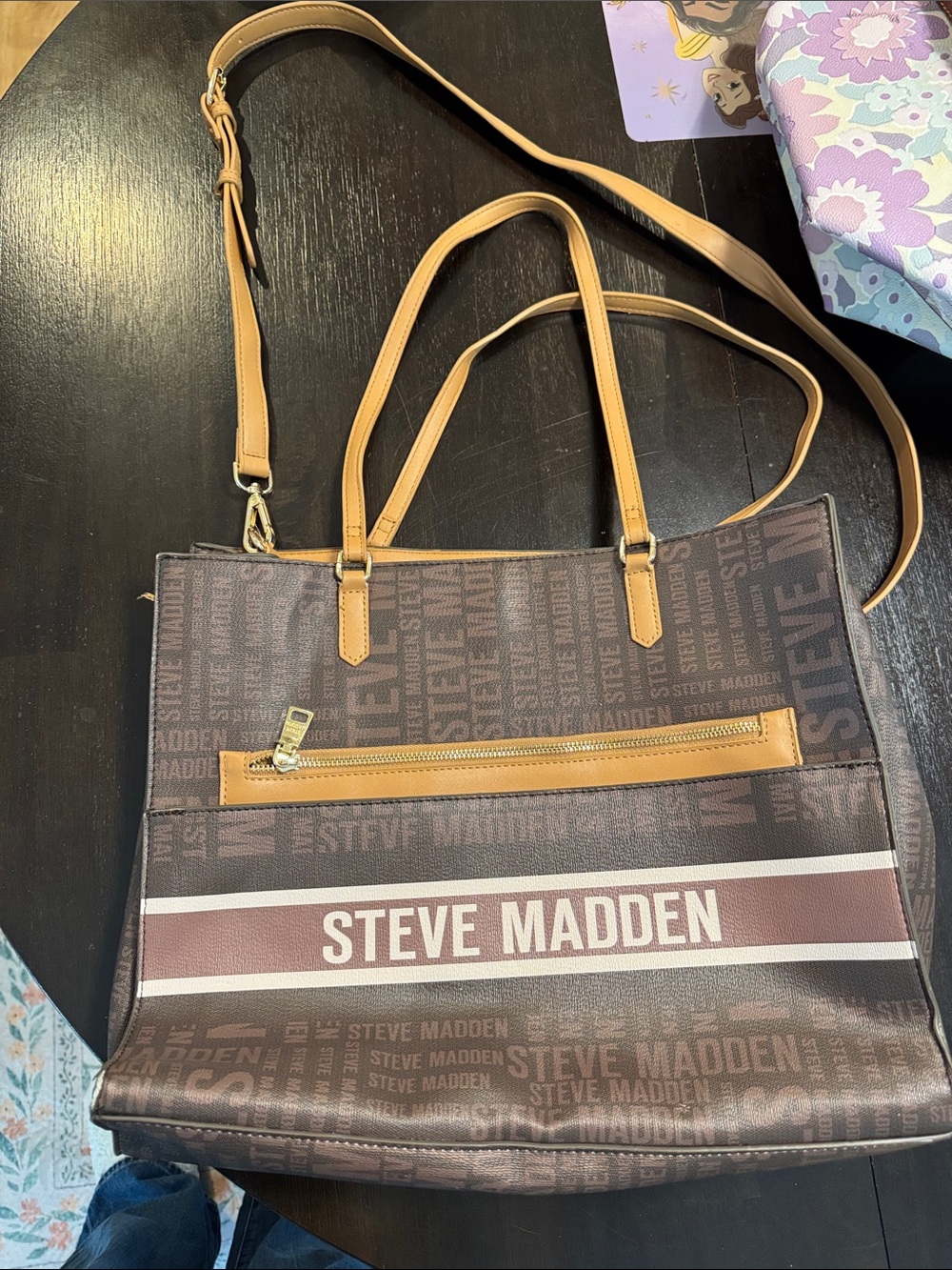 Steve Madden Brown Tote with Tan Accents and Logo Stripe